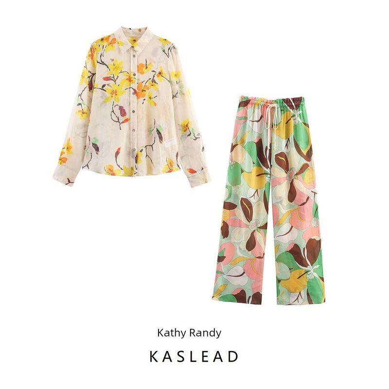 Kaslead New Women Clothes Western Style Fashion Simple Flower Shirts Trousers 8196019 8287850