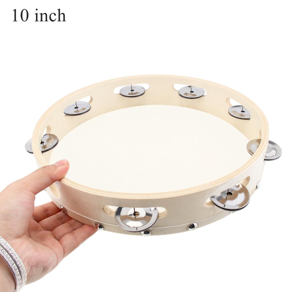 Wood 6 8 10 Inch Hand Held Tambourine Sheepskin Head Single Row Jingles Church Party KTV Musical Educational Rhythm Percussion Instrument Gifts