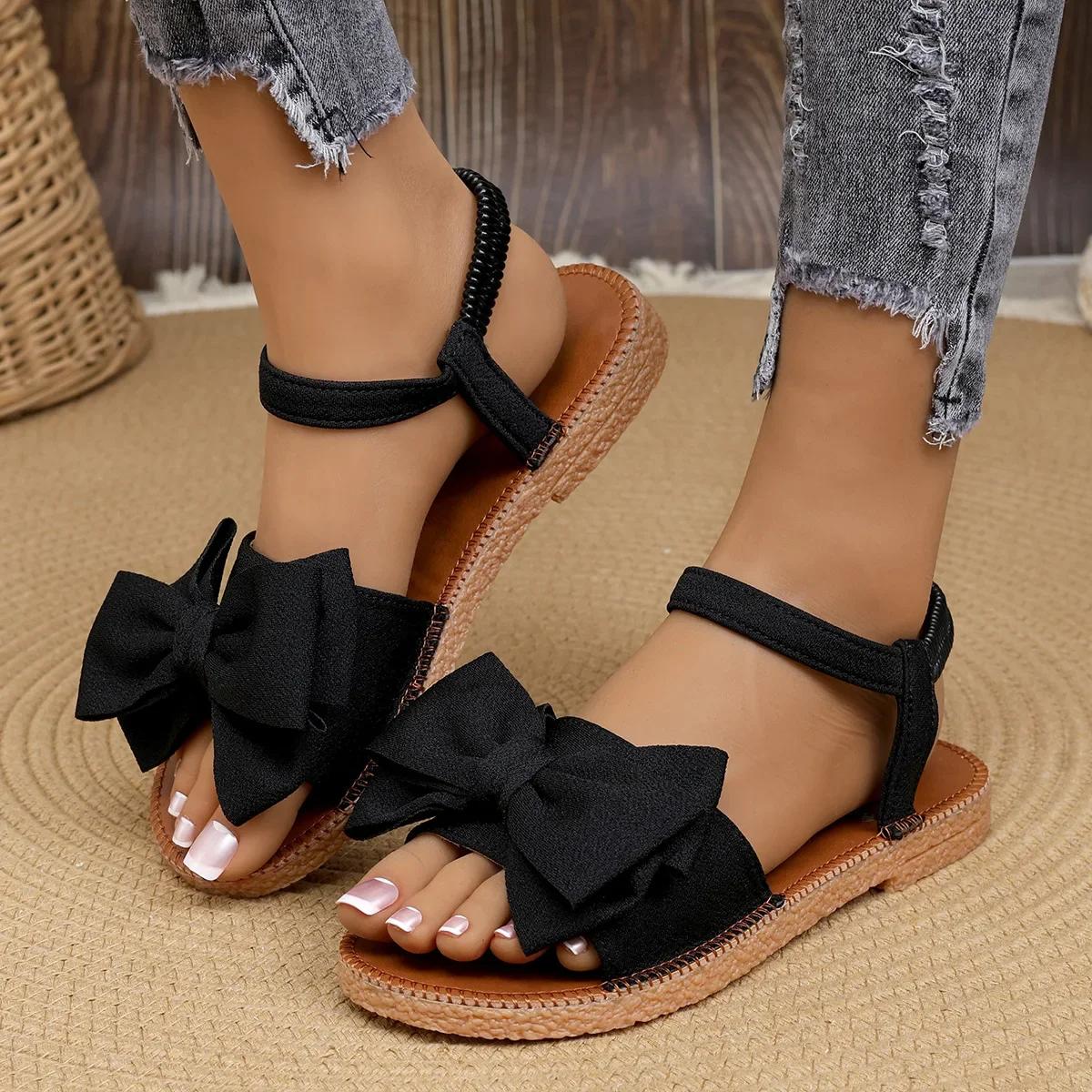 

Sandalias Mujer Verano 2026 New Soft Sole Bow Flat Heel Sadnales Femmes Casual Gladiator Footwear Slip on Solid Women Shoes 43 чорний