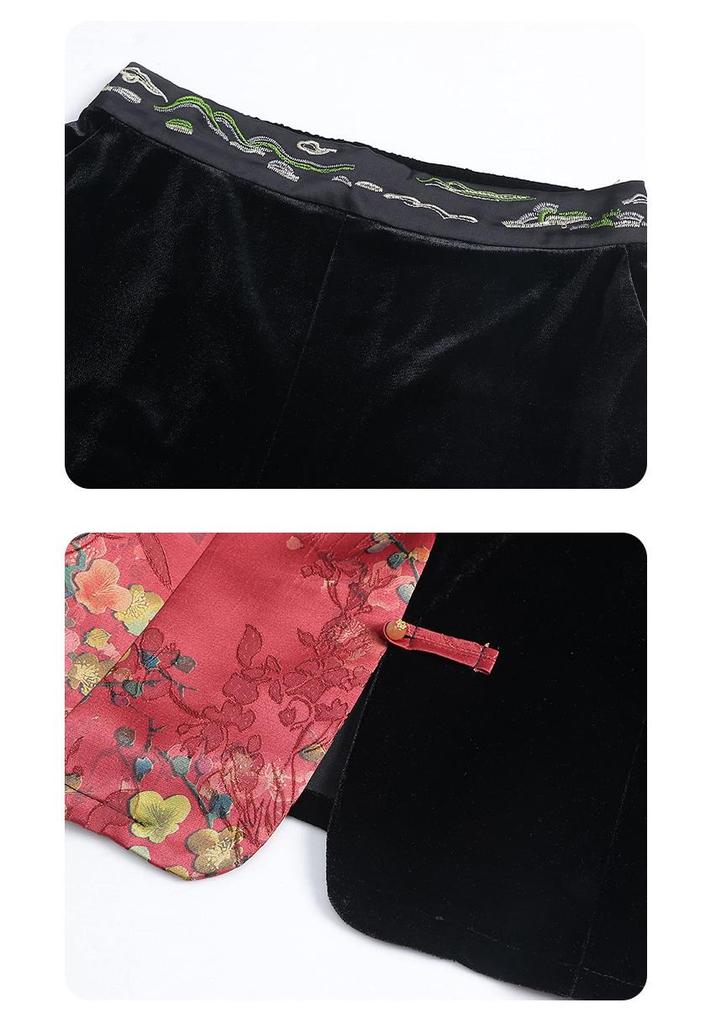 2026 Spring/Autumn Chinese Style Velvet Patchwork Suit: Slim Retro Top & Wide-Leg Pants Set