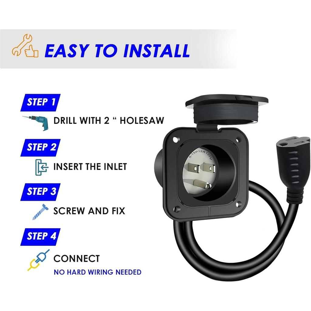 15 Amp AC Port Plug, 125 Volt Power Inlet, Electrical Outlet Receptacle with 18-Inch Extension Cord, NEMA Flanged Inlet Plug