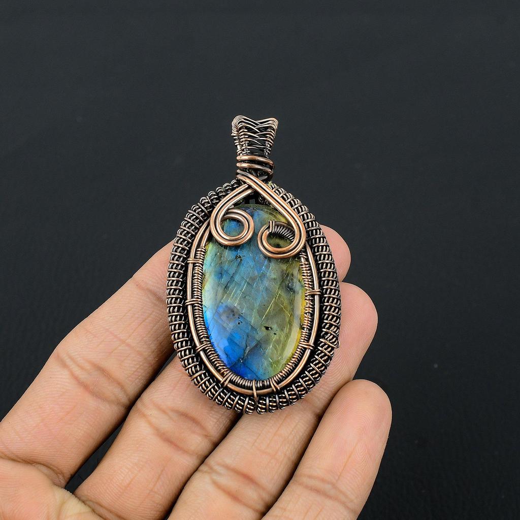 Labradorite Pendant, Handmade Gemstone 999 Copper Wire Wrapped Pendant Antique Jewelry, For Gift Silver Jewelry