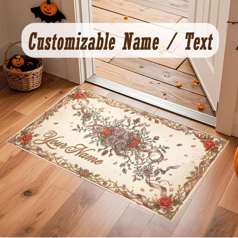 Floral Garden Theme Crystal Velvet Floor Rug Personalized Custom Name Text Warm Carpet Home Decoration