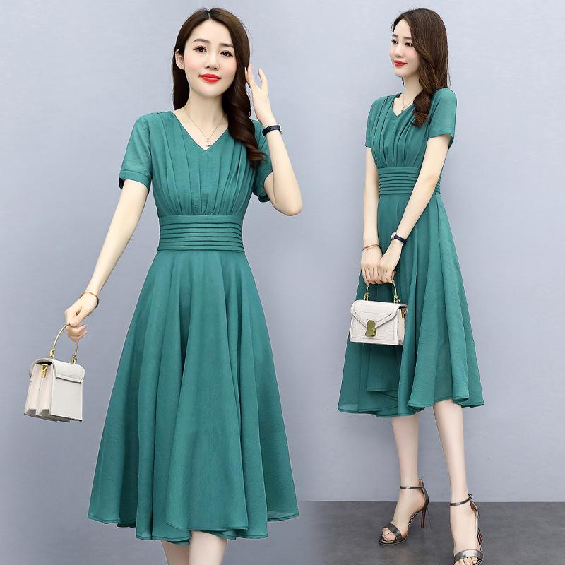 Elegant V-Neck Slim Fit Chiffon Dress - 2022 Women's Medium-Long Style