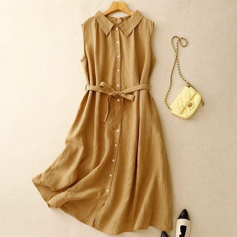 Elegant Loose Sleeveless Shirt Dress Women Summer Casual Long Dress with Tie Waist Design