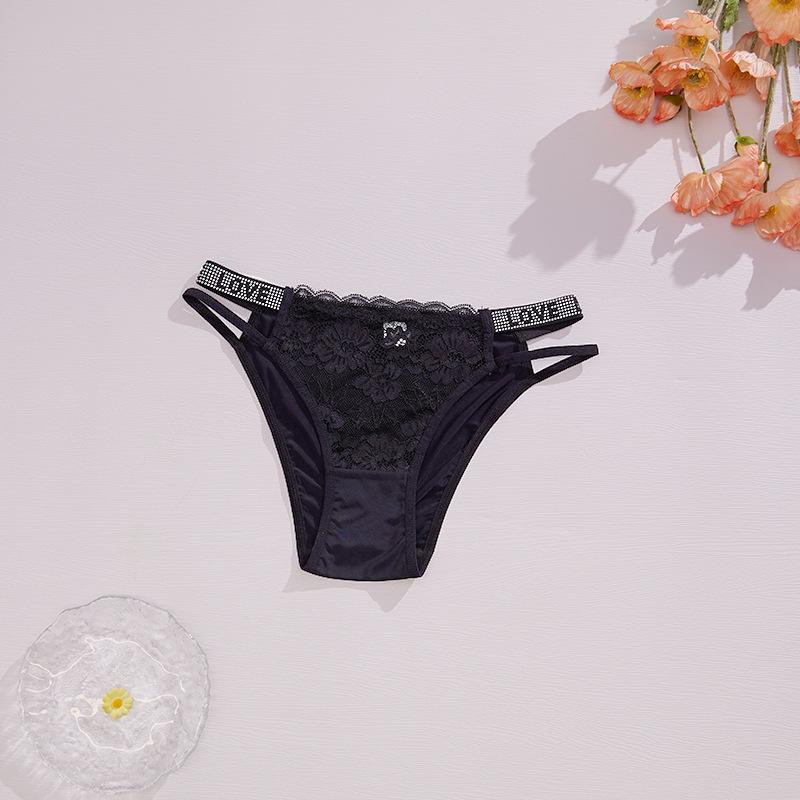 

Lace Hollow Out Seamless Thong with Rhinestone Lettering Large