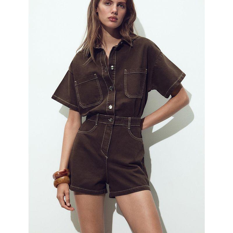 Summer New Women Clothes Western Style Lapel Short Sleeve Denim Short Jumpsuit 1879039 0108027