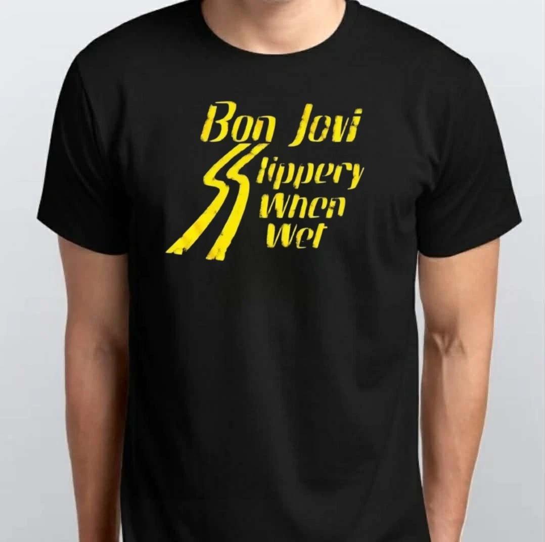 

Bon Jovi Slippery When Wet Rock Band Unisex 100% Cotton T-shirt Mens Tees Top S M L XL XXL 3 4 XL Black 2XL