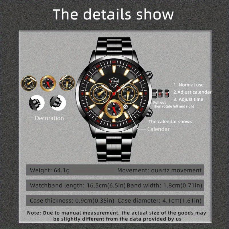 2PCS Set DEYROS Luxury Men's Watch Fashion Men's Calendar Watch Casual Men's Stainless Steel Strap Quartz Watch&Bracelet