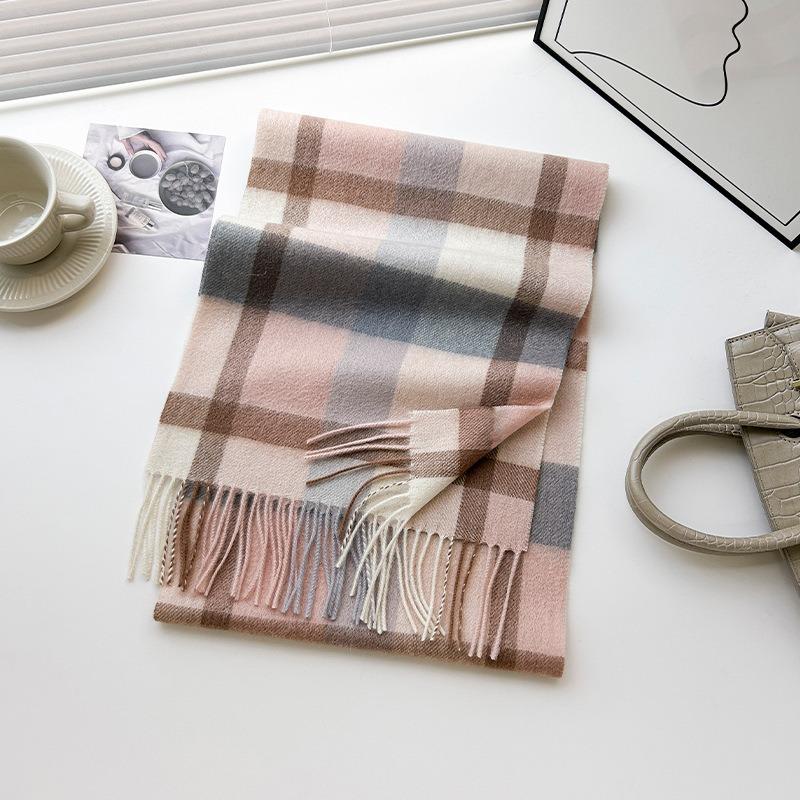 New Wool Warm Scarf for Women in Color Blocked Plaid Scarf Long Tassel Scarf Thickened and Warm