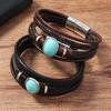 Vintage Boho Handgeflochtene Leder Armbänder Magnetverschluss Ovaler Blauer Stein Anhänger Lederarmband für Männer