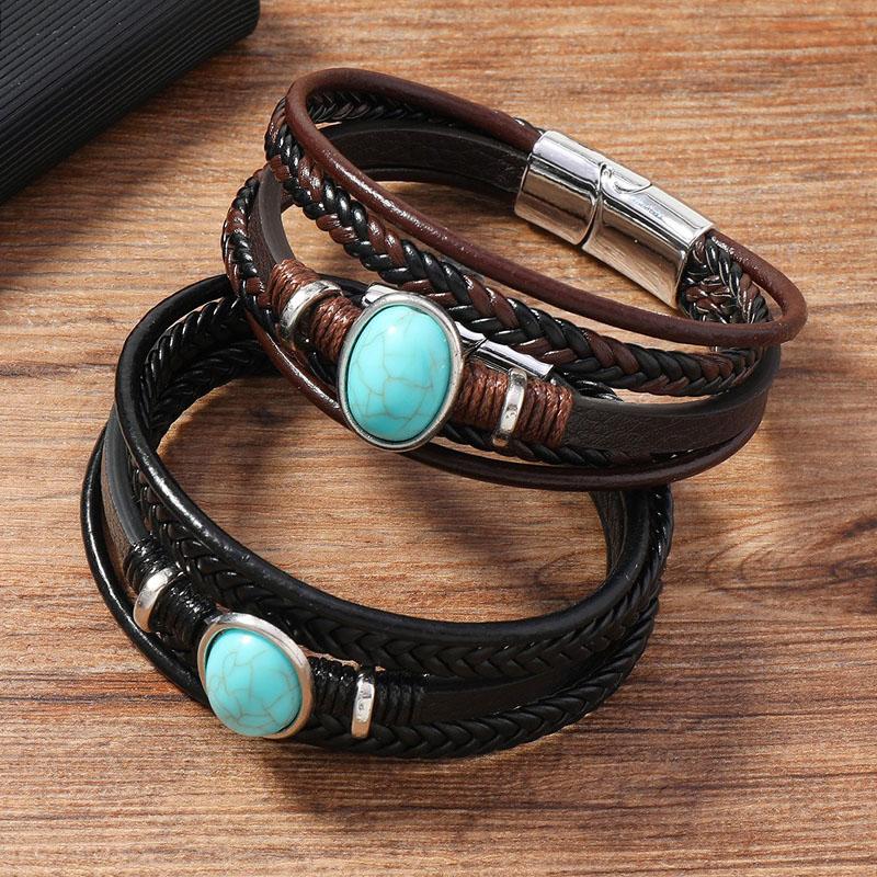 Vintage Boho Handgeflochtene Leder Armbänder Magnetverschluss Ovaler Blauer Stein Anhänger Lederarmband für Männer