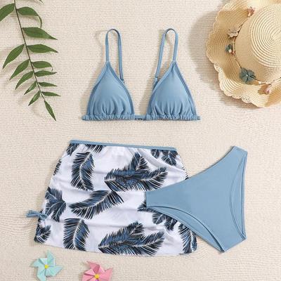 2024 European & American Girls' Three-Piece Bikini Set with Mesh Cover-Up