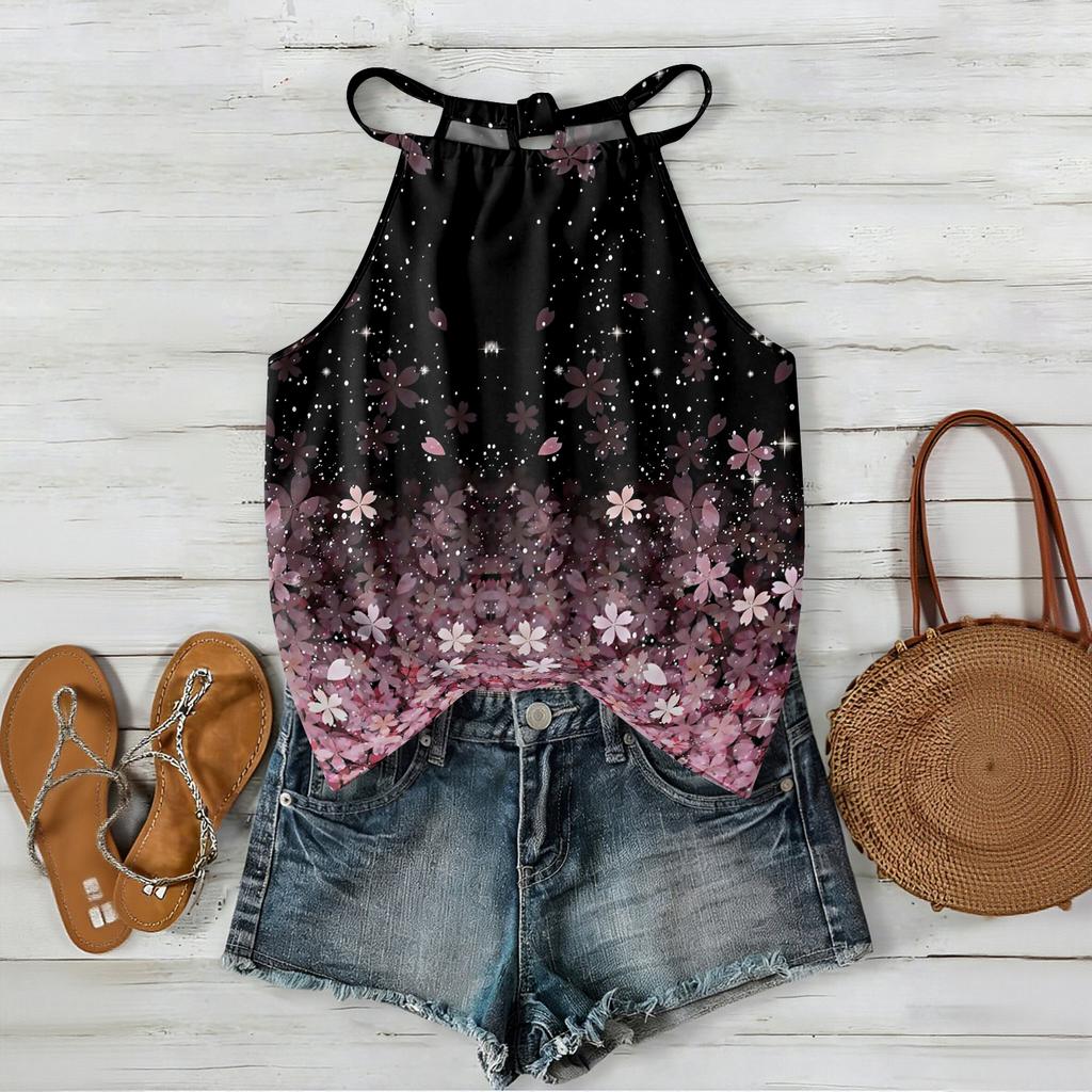 Women’s Sleeveless Bohemian Floral Print Neck Tank Top with Relaxed Fit and Lightweight Fabric for Daily Wear and Layering