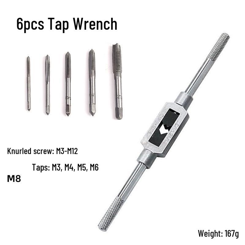 Eight-Piece Hand Threading Tap and Wrench Set, 3-12mm Range