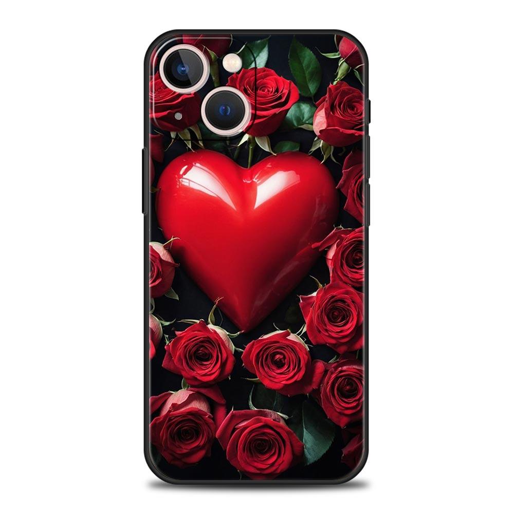 Luxury Phone Case For Apple iPhone 11 15 14 Pro MAX 12 13 7 8 Plus X XR XS MAX SE Black Cover Funda Beautiful Red Rose Flowers