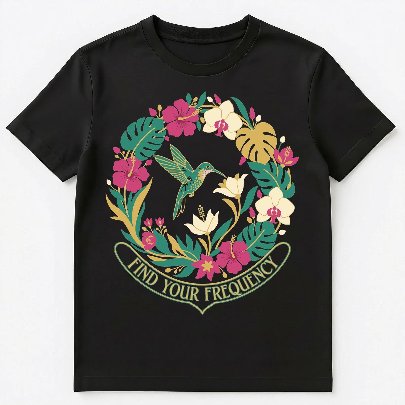 Find Your Frequency Hummingbird Floral Art Unisex T-Shirt L