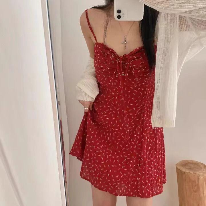 Retro Floral Spaghetti Strap Red Mini Dress - Slimming & Age-Defying Summer Style for Women
