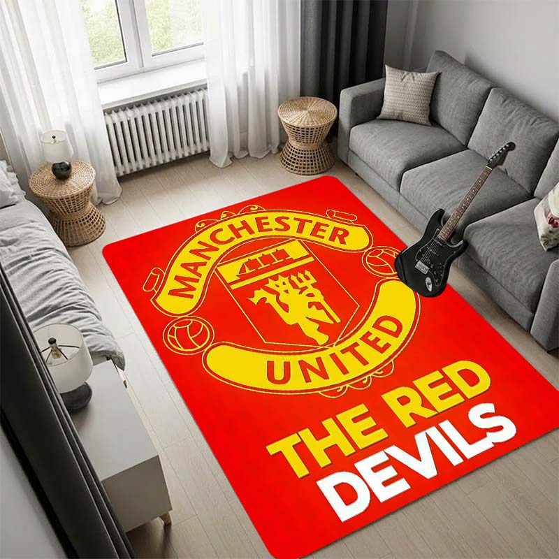 Manchester United Logo Area Rug, Red Base White Stripe Team Crest Print Non Slip Floor Rug for Football Fan Bedroom Living Room Decor