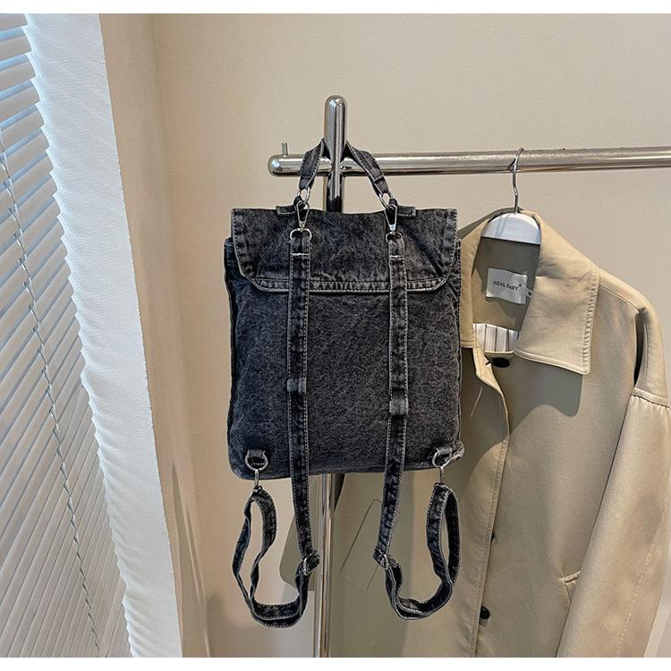 

European and American classic design 2025 washed water old denim lock decoration retro high-end backpack