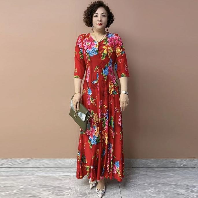 Summer Women's V-Neck Floral Casual Dress Ice Silk Linen High Elastic Long Dress A-Line Plus Size Dress