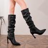 Fashion Soft Leather Pleated Tall Boots Women 2025 Autumn Winter Block Heel Pointed Toe Knight Boots Heightened