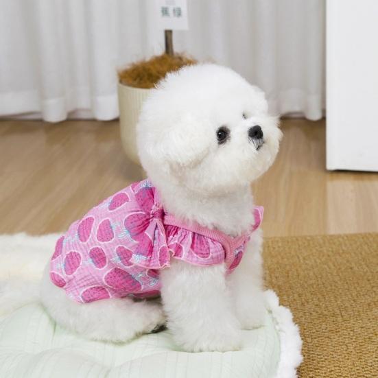 Cute Strawberry Pattern Dog Dress Ruffle Sleeveless Princess Dress with Bow Summer Breathable Puppy Outfit for Small Dogs Cats