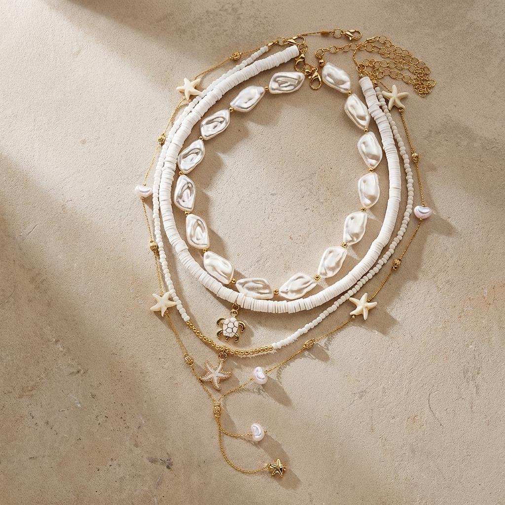 4Pcs/Set Boho Starfish Conch Rice Beads Pendant Necklace for Women Multilayer Soft Clay Starfish Shell Choker Summer Jewelry
