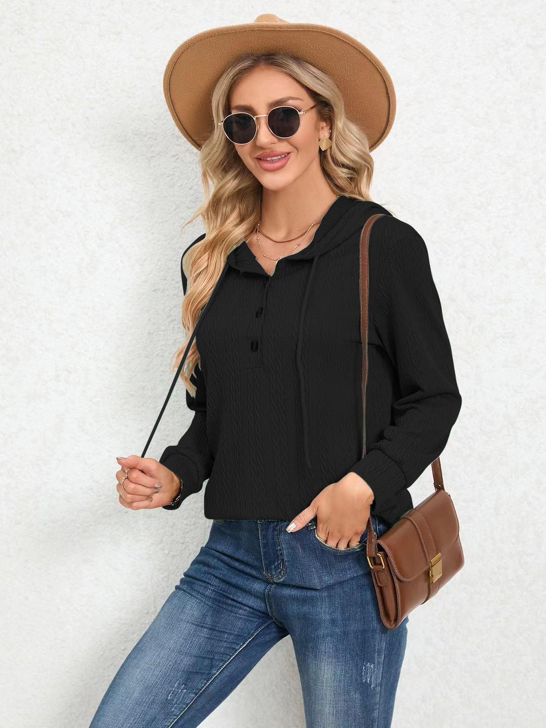 Real shot 2024 cross-border foreign trade Amazon Europe, America, autumn and winter new V-neck loose long-sleeved hooded sweater jacket women S чёрный