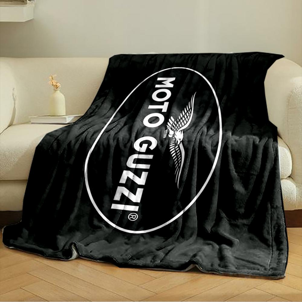 Moto Guzzi Oval White Logo on Solid Black Blanket Throw, Monochrome Italian Brand Style Design, Cozy Fan Bedding and All Seasons Gift