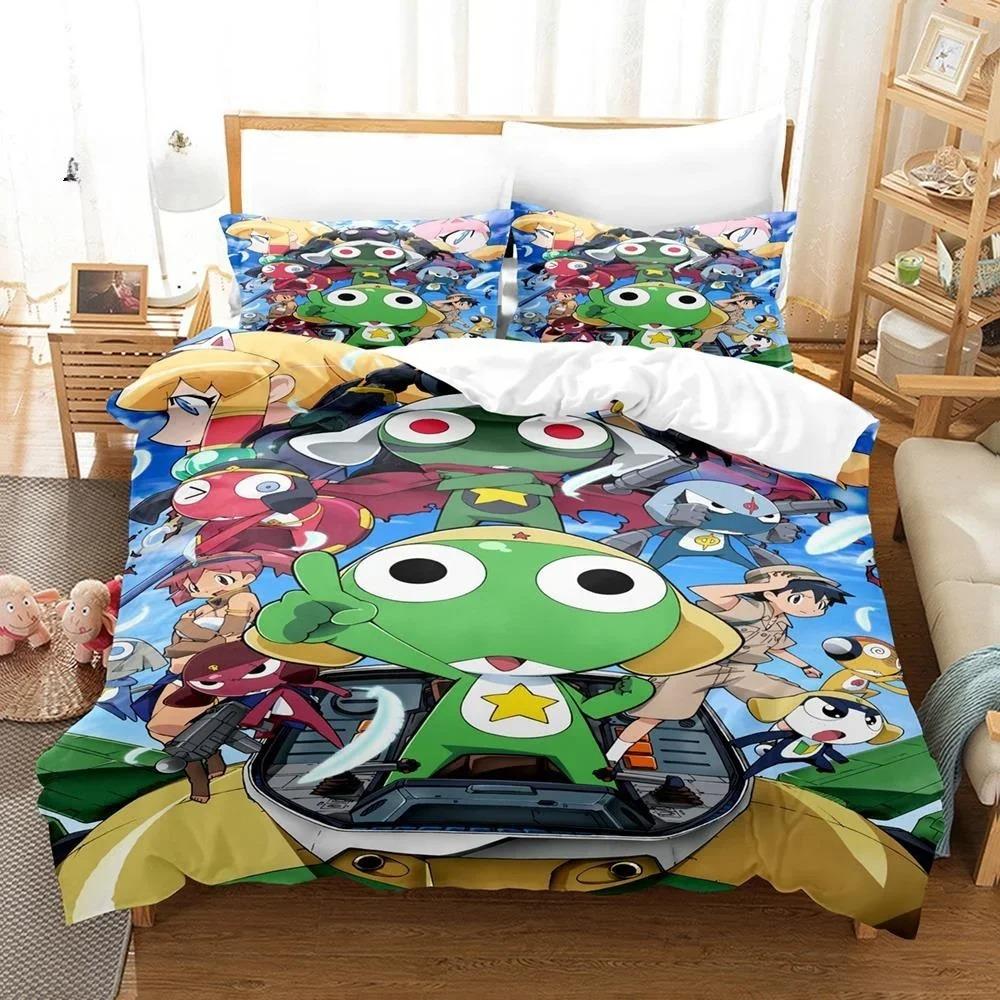 3D Kawaii Cartoons Bed Sheet Keroro Frog Bedding Set Single Twin Full Queen King Size Bed Set Adult Kid Bedroom Duvet Cover Sets