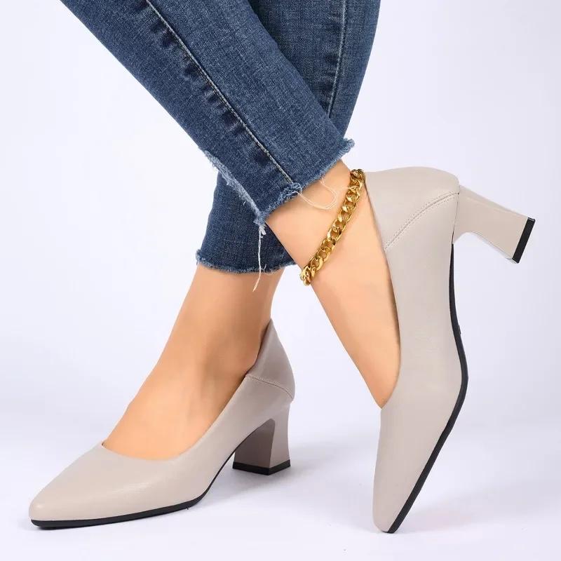 2024 New Fashion Women's Shoes Thick Heels Spring and Autumn Shoes for Outerwear Professional Commuting Pointed Toes Zapatos