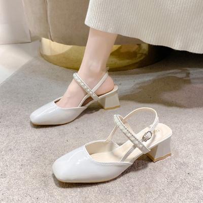 Temperament Fashion Pearl Coarse Heel Sandals Women's High Heels Fairy Mary Jane Shoes One Word Summer Buckle