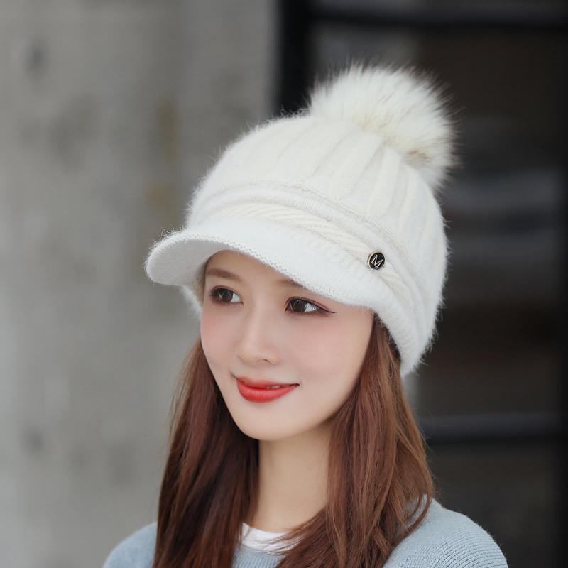 

Вязаная бейсболка из меха кролика в корейском стиле для женщин — однотонная шерстяная зимняя шапка с защитой ушей и бархатной подкладкой. M (56-58cm) белый