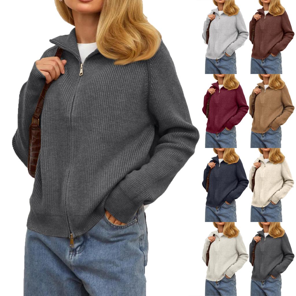 Women's Casual Fashion Double Zipper Lapel Knitted Cardigan Long Sleeve Sweater Jacket