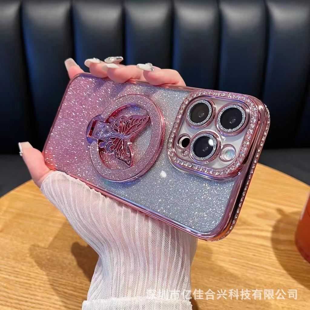 Rhinestone Edge Glitter Butterfly Magnetic Suction Bracket Is Suitable for Apple 17PRO Anti-drop Mobile Phone Case iPhone16 Protective Case.