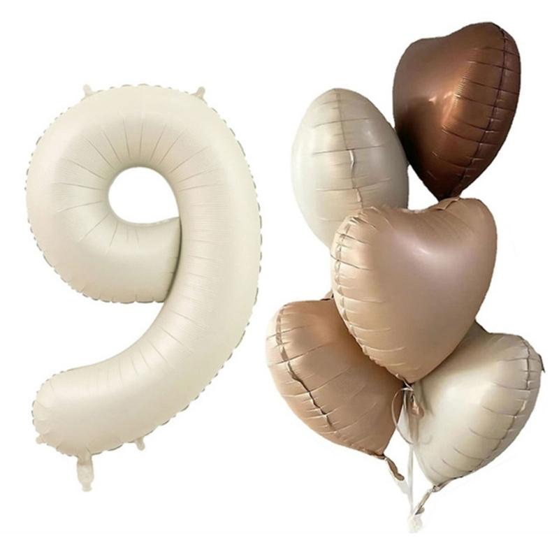 6Pcs Cream Color Number Balloon Set Beige Caramel Number 0-9 Balloon Foil Helium Ball Birthday Wedding Party Decoration