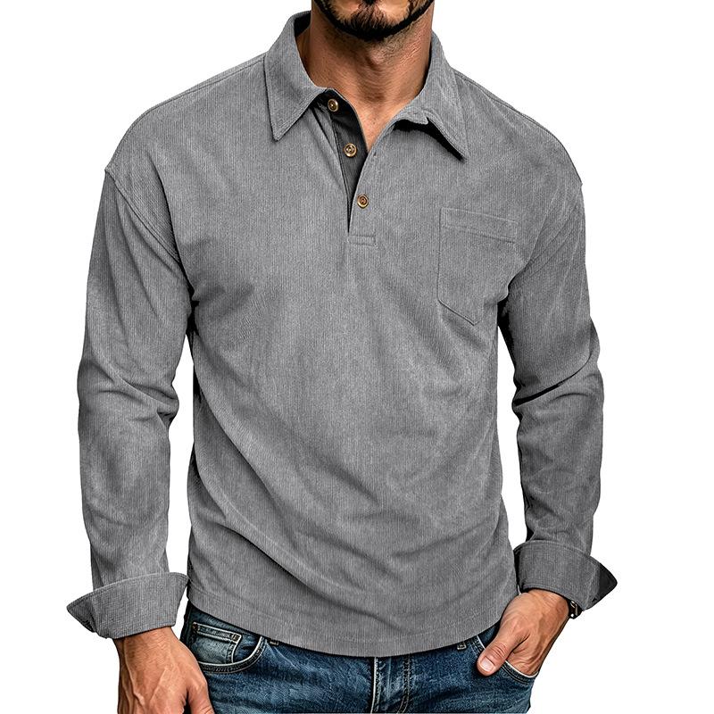Mens Long Sleeve Corduroy Polo Shirt Casual Autumn Top