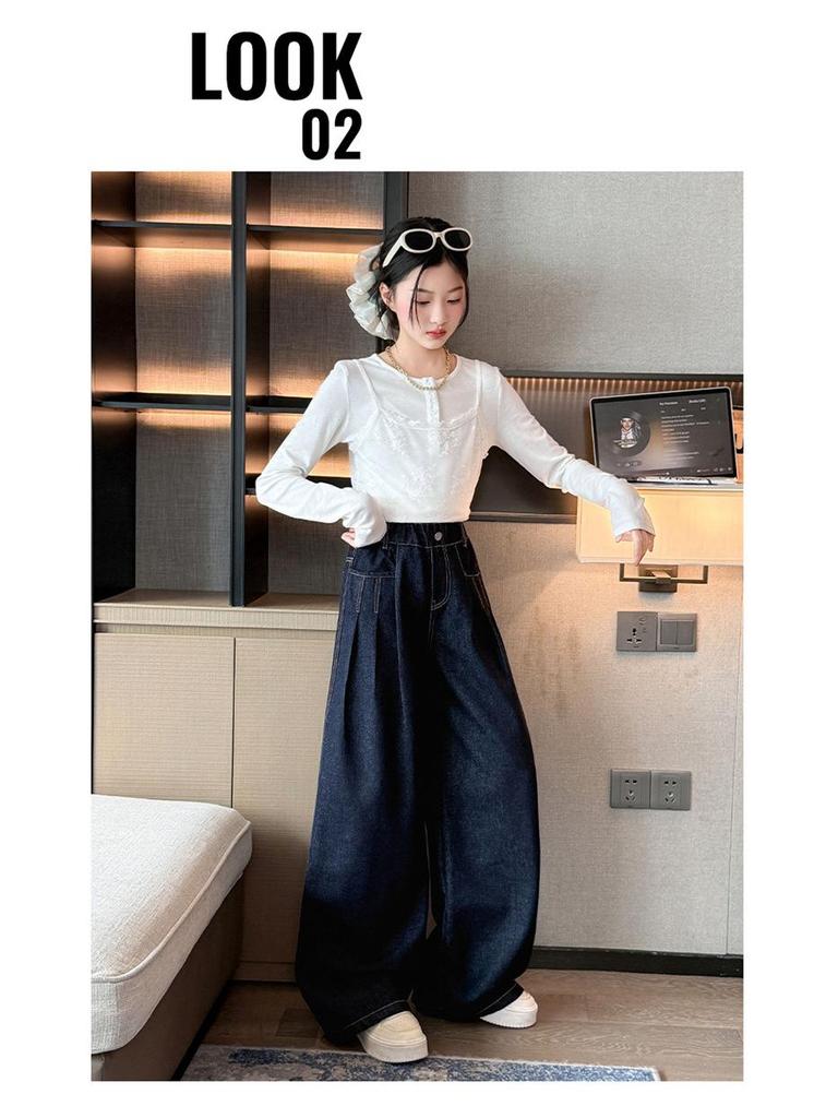 2025 Mädchen Dunkelblaue Weitbeinige Jeans mit Fleecefutter - Stilvolle Herbst-/Winterhose für Mittelschülerinnen