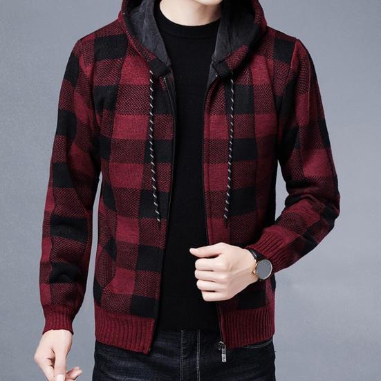 Cardigan Invernale da Uomo Colore a Contrasto Stampa Plaid Cappuccio Coulisse Giacca Media Lunghezza Maglia Spessa Maniche Lunghe Chiusura con Zip Cappotto