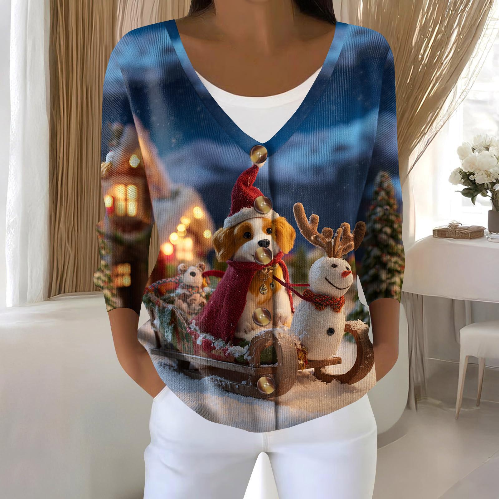 Women s Fashion Long Sleeve Christmas Snowman Snowflake Print Jacket Cardigan L