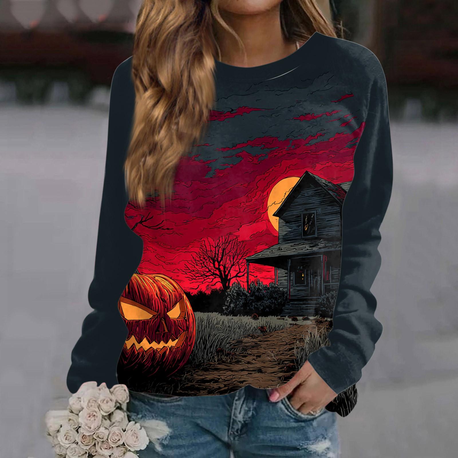 

Women s Fashion Casual Long Sleeve Halloween Printed Round Neck Sweater Top L