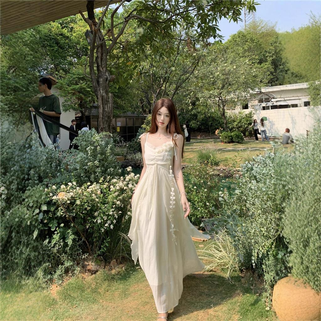 Holiday Style Flower Design Suspender Dress Women's Summer New Waist Thin Very Fairy Long Skirt