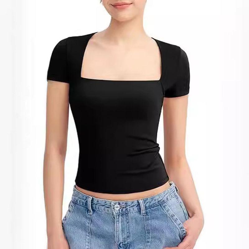 Solid Color Square Neck Short Sleeved Top Pure Color Square Collar Short Sleeve Tops Female