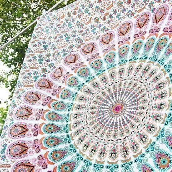 Golden Indian Bohemian Peacock Mandala Tapestry Wall Hanging