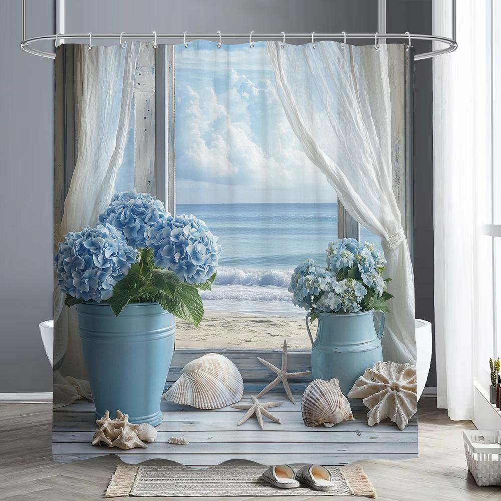 

Ocean Beach Shell Starfish Floral Shower Curtain, Bathroom Decorative Shower Curtain, Waterproof Shower Curtain With Hooks W60H190(CM)-1 Pcs
