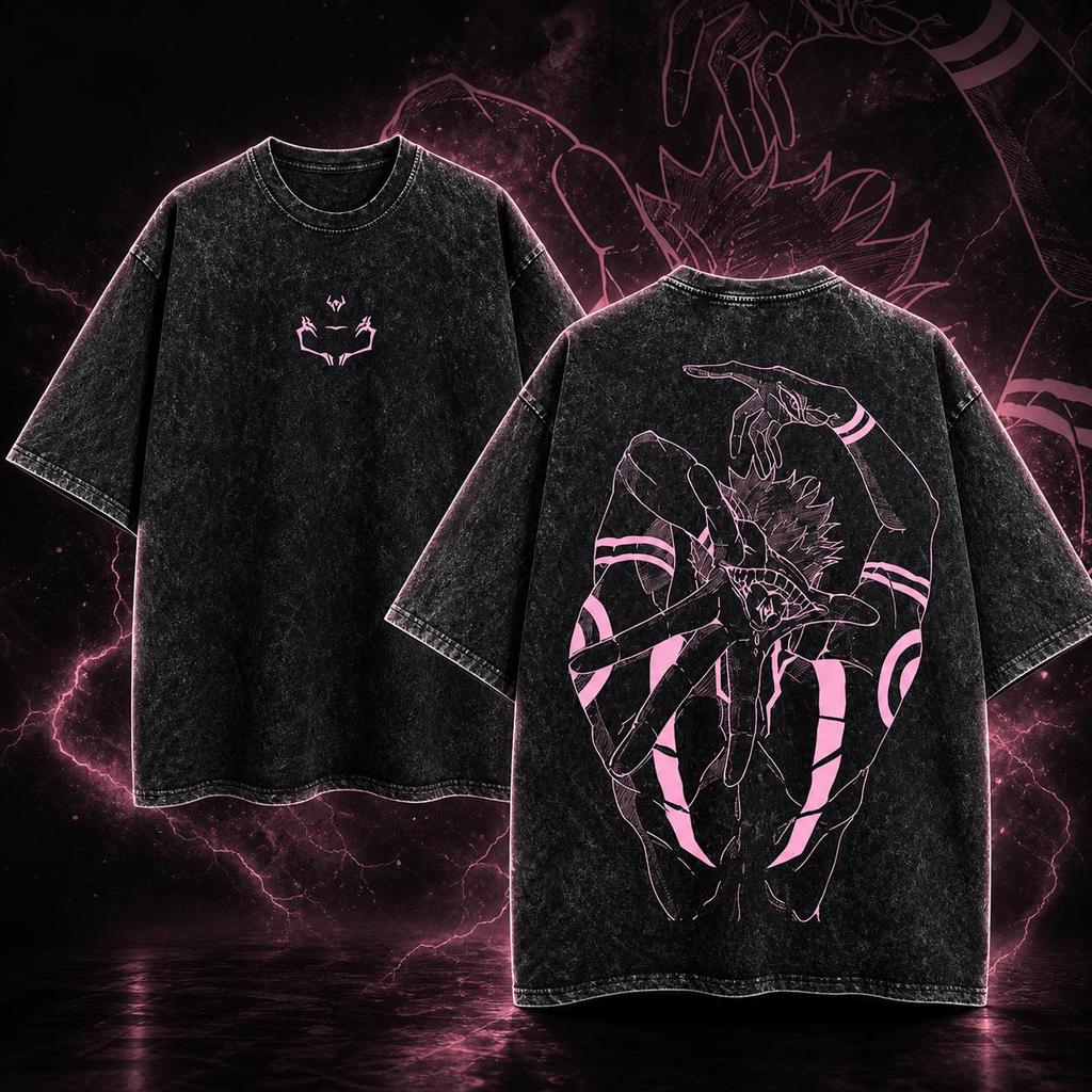 Sukuna Shirt, Jujutsu Kaisen Anime T-Shirt, Rosa Vintage-Waschung Übergroßes Grafik-T-Shirt