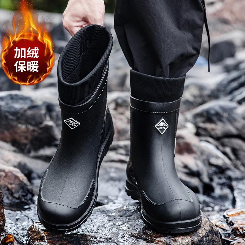 Winter velvet rain shoes men's medium tube thick-soled non-slip men's wear-resistant water shoes outdoor waterproof and warm rain boots