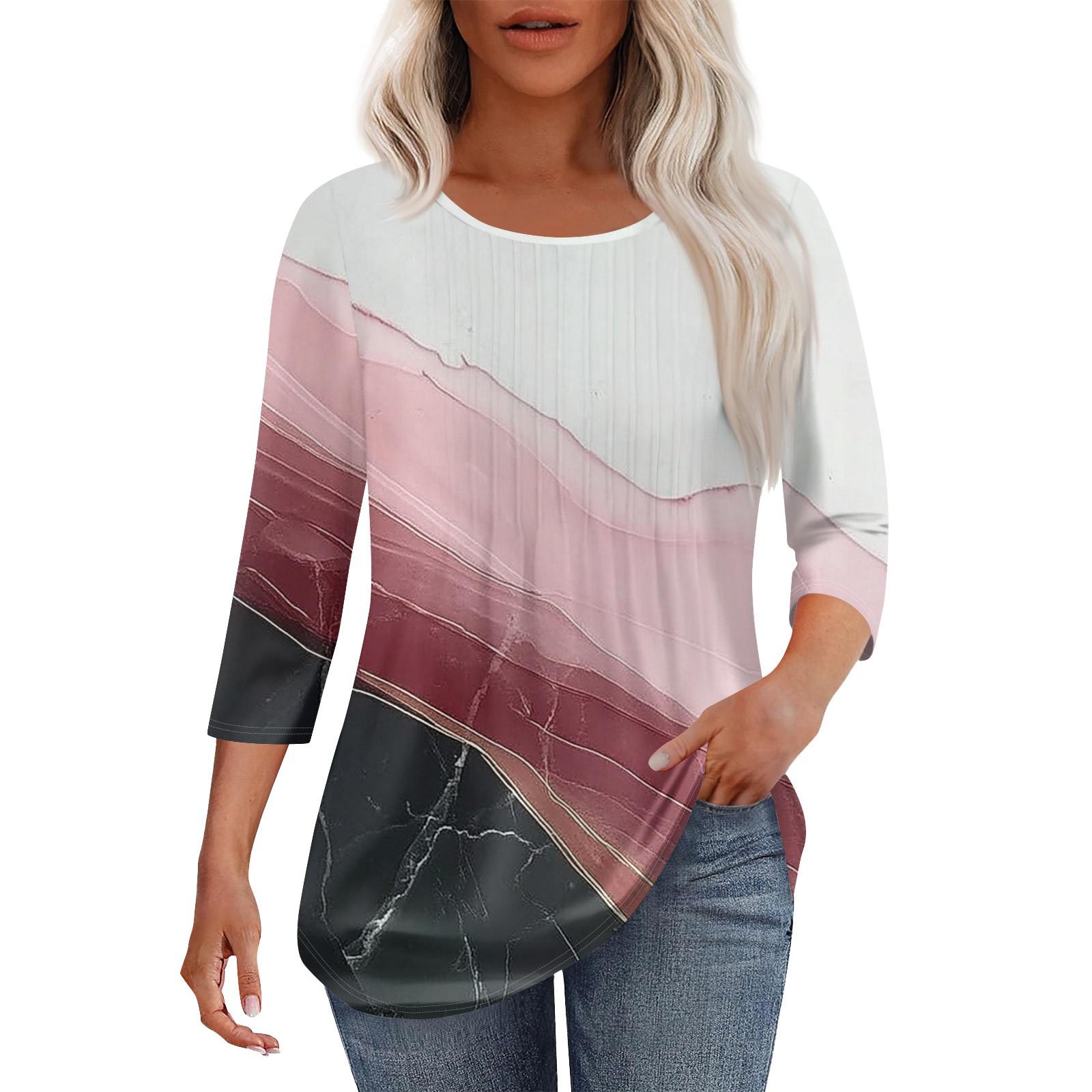 

Женская мода повседневная плиссированная футболка с круглым вырезом и принтом с рукавом три четверти M