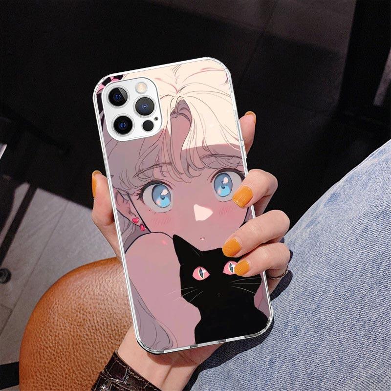 Anime Girls Cute Black Cat Phone Case For iPhone 17 Air 16 Pro Max 16E 15 + 14 Plus 11 12 13 Mini 7 8 SE Gift Print Cover Fundas